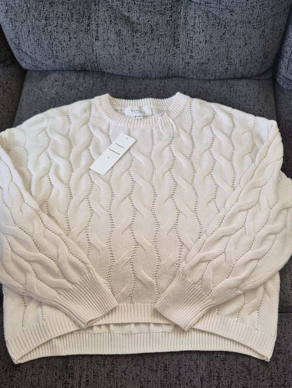 Crewneck Cable Knit Sweater in Cream by PINKO